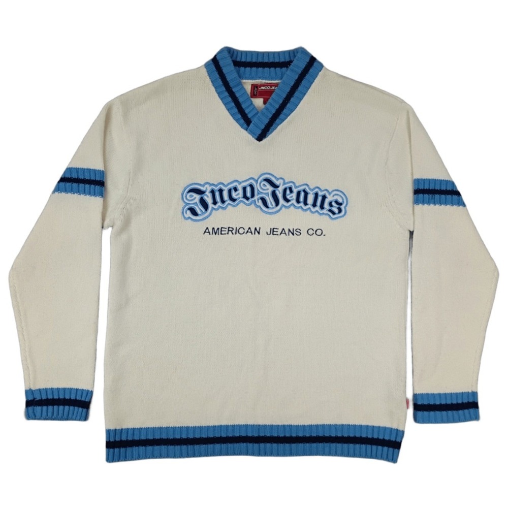 JNCO Jeans Mens M V-Neck Striped Embroidered Knit Sweater Vtg Y2K Single Owner